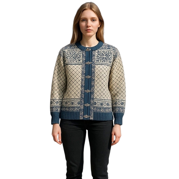 Dale of Norway Cardigan Sweater Women Medium Metal Clasp White Blue Classic Wool - Picture 1 of 16